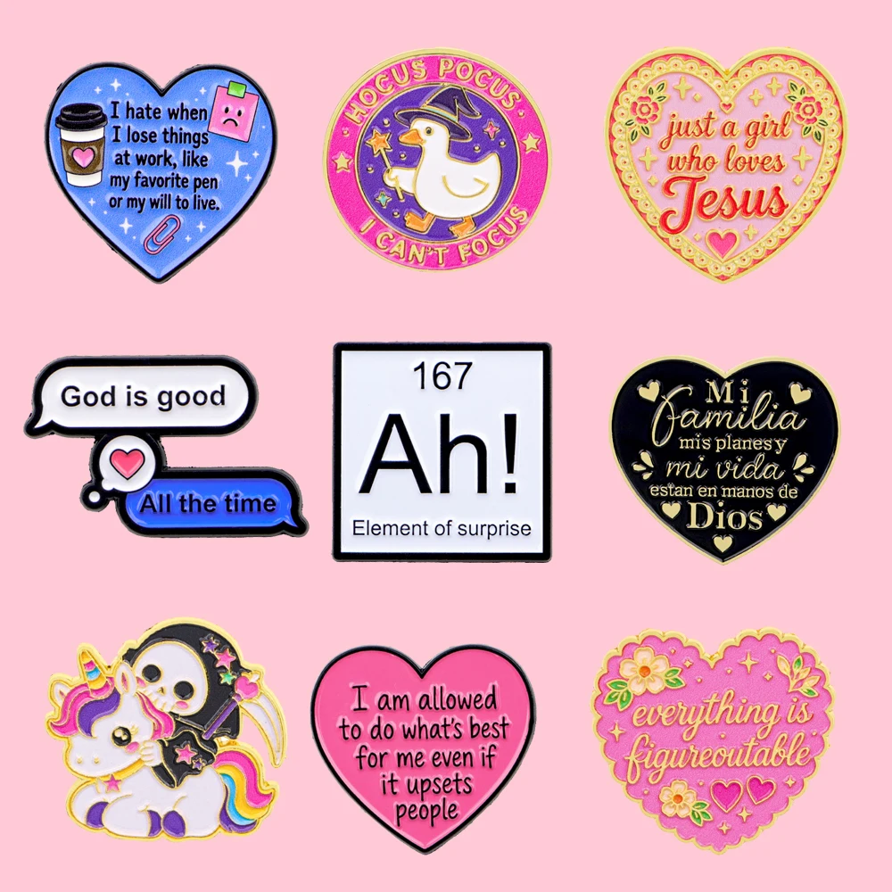 1-8pcs Funny Phrase Enamel Pins Aesthetic Slogan Heart Brooches Cute Cartoon Skeleton Zinc Alloy Badge Jewelry