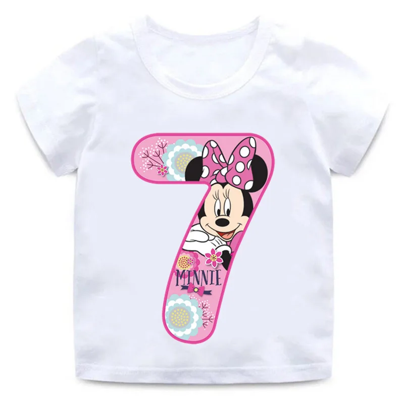 New Minnie Mouse Birthday Number Print Children T-Shirt Kawaii Tees Tops Girls T Shirt Anime Cartoons Casual Kid Summer Clothing