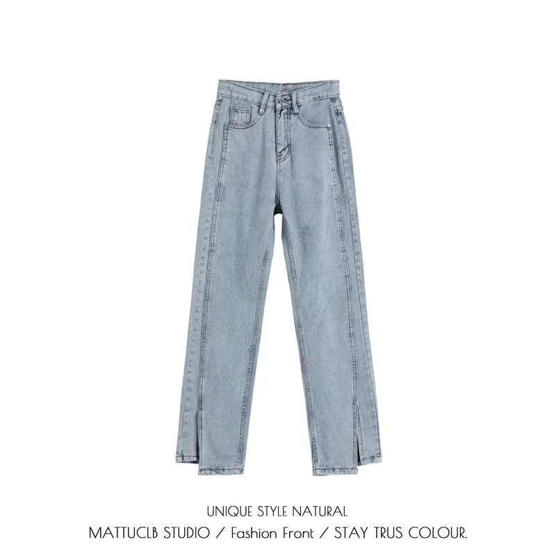 High Waist Straight Leg Blue Jeans Women's Spring Autumn plus Size Loose Long Pants Floor Length Open Split Casual Trousers