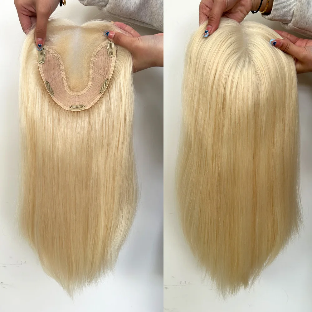 60# Color Blonde Lace Front Hair Topper With Clips For Women Hand Tied Virgin Human Hair Toupee For Thinning Hair