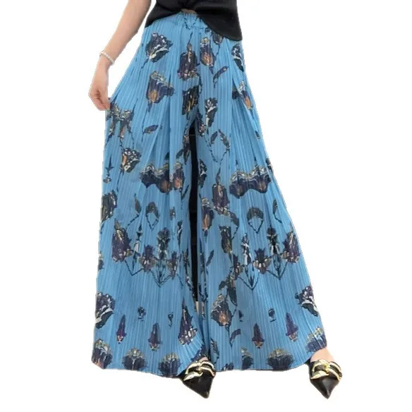 แฟชั่นสบายๆอเนกประสงค์กางเกงขากว้างMiyakeพิมพ์จีบเอวสูงผู้หญิงเก้านาทีกางเกง 2025 ฤดูร้อนใหม่