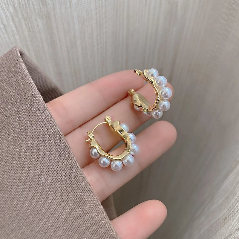 316L Stainless Steel 2024 New Fashion Fine Jewelry Japanese Elegant Style Horseshoe U-Shape Embed Pearls Stud Earrings For Women image 5