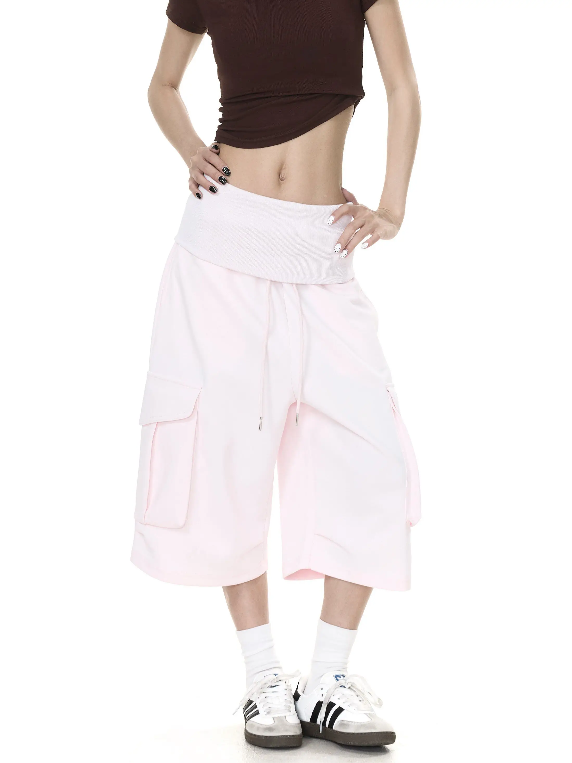 Summer Women American Retro Pink Cargo Jorts Calf-Length Pants Shorts Drawstring Design Y2K 2000s Japanese Harajuku Wide Fit