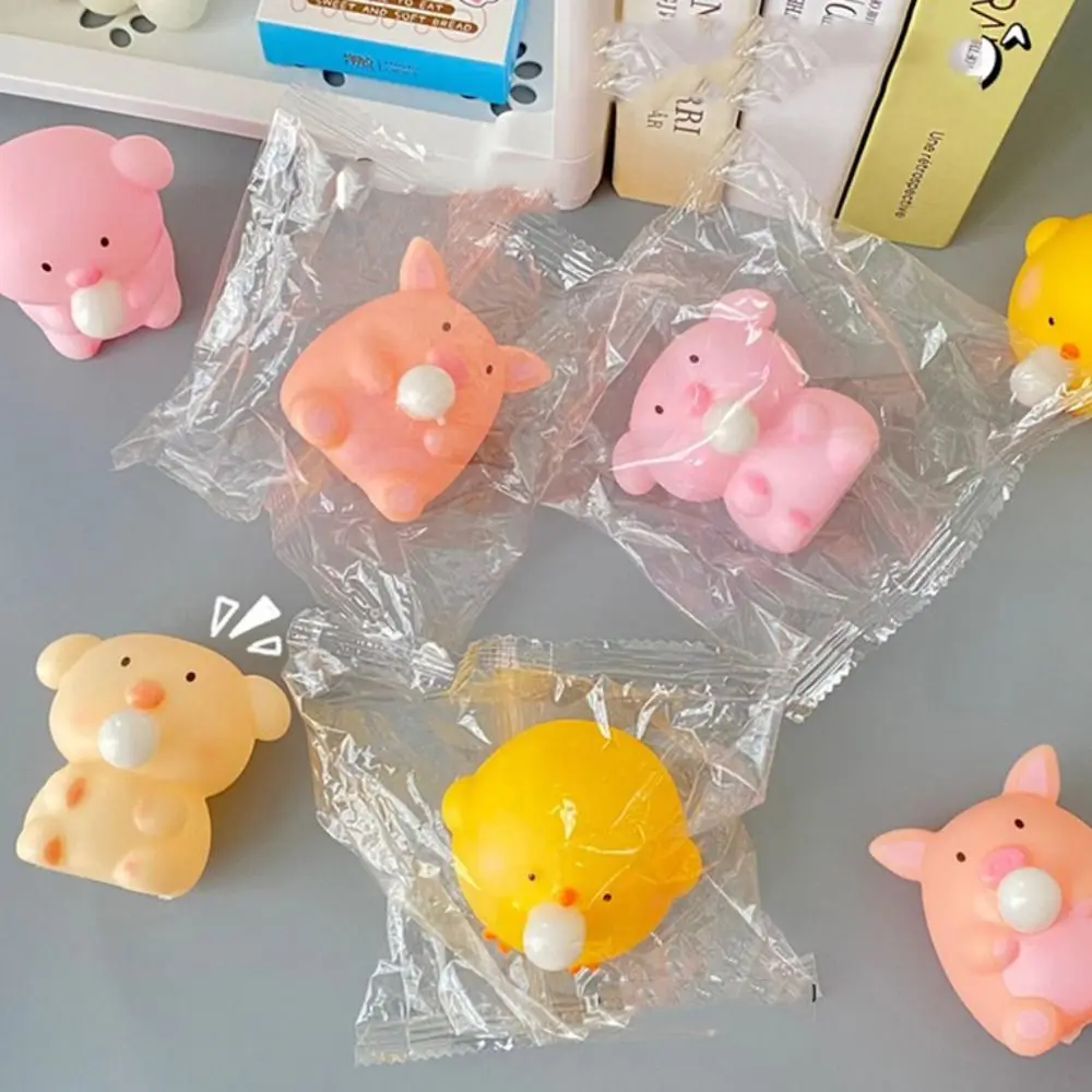 Sensory Toy Cartoon Animal Squeeze Toy Pig Chick Blow Bubble Fidget Toy 3D Fidget Toy Pinch Decompression Toy Kids Tricky Doll