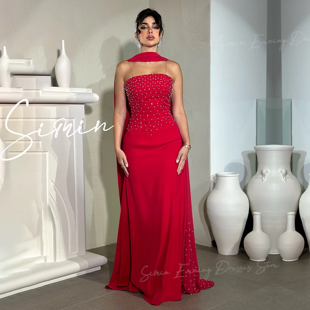 Simin-Women's Crepe Luxury beads Close-fitting and Floor-Length Formal Party Gown, Saudi Strapless elegant Evening dresses, 2024