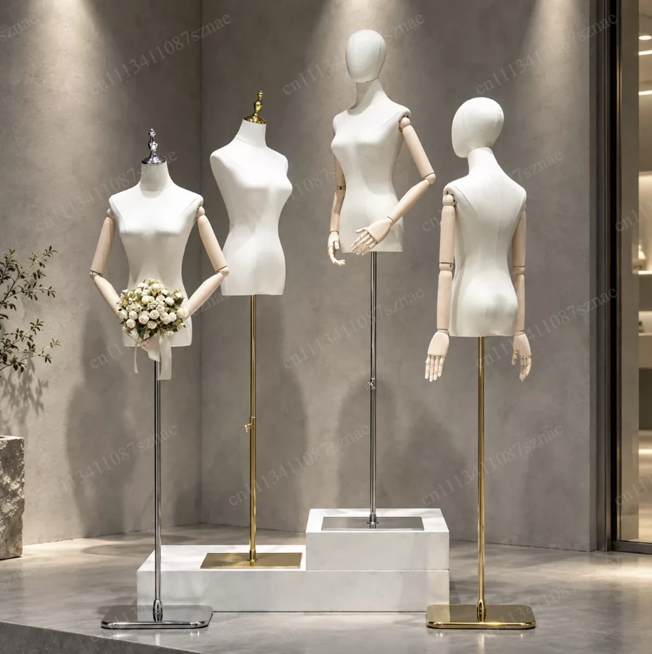 Fabric Cover Female Half-Body Mannequin Wooden Arm Metal Base for Wedding Cloting Display Dress Form Adjustable Rack