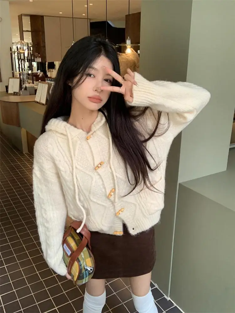 

2024 Autumn Winter New Fashion Beige Versatile Long Sleeved Sweater Women's Brown Single Breasted Hooded Twists Knit Tops Casual