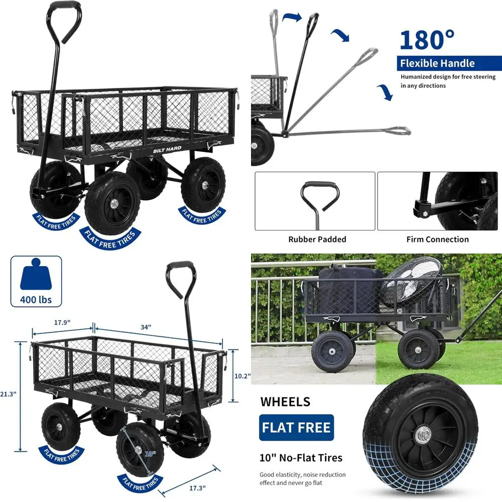 عربة حديقة شديدة التحمل بسعة 400 رطل مع 180 °   مقبض دوار، إطارات مسطحة خالية، وجوانب قابلة للإزالة للمرافق والتخزين
