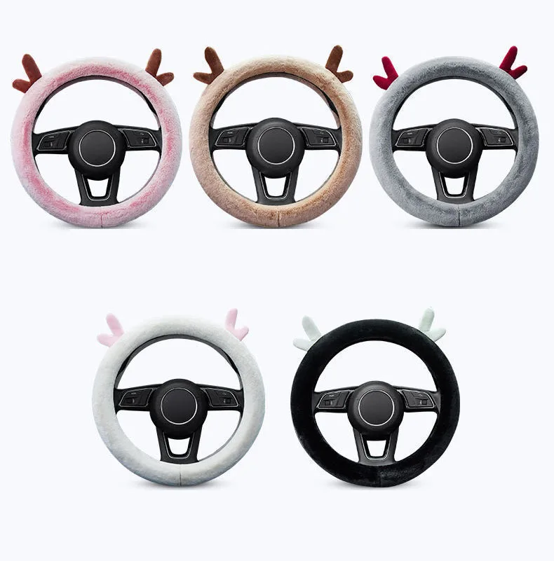 Car Accessories Winter Warmth Steering Wheel Cover Christmas Gift Cute Antlers Steering Wheel Protections Cover Plush Anti-Slip