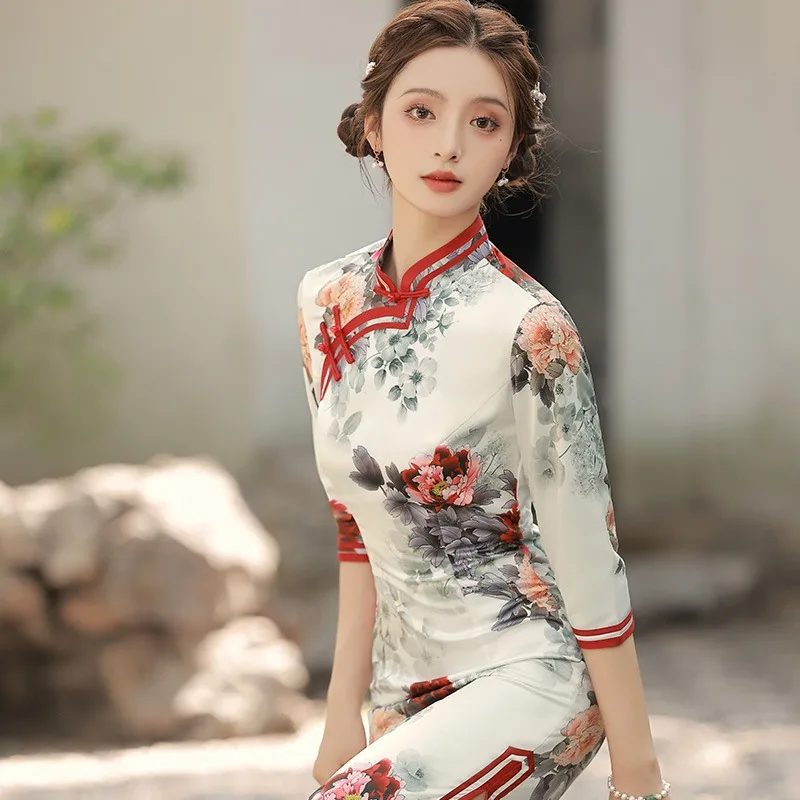 Improved New Cheongsam Autumn Women's Three-Quarter Sleeve Elegant Warlord Lady Dress Long Traditional