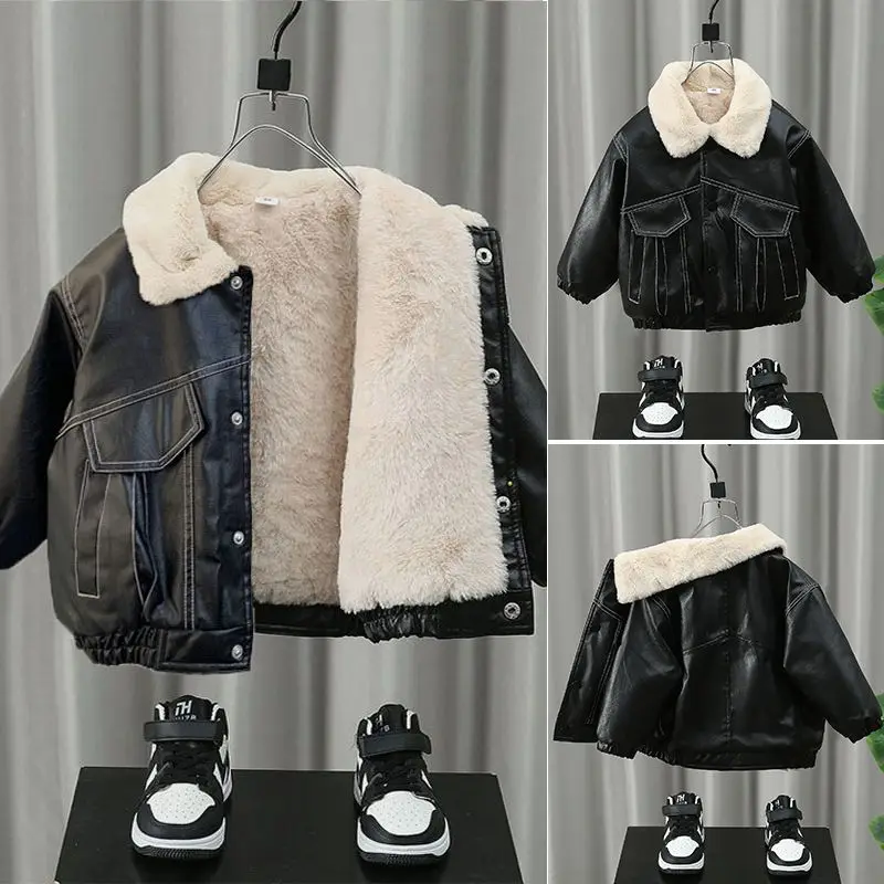 Children\'s Boys Leather Jacket Jacket 2023 New Foreign-style Baby Spring, Fall and Winter Children Korean Padded Thick Jacket