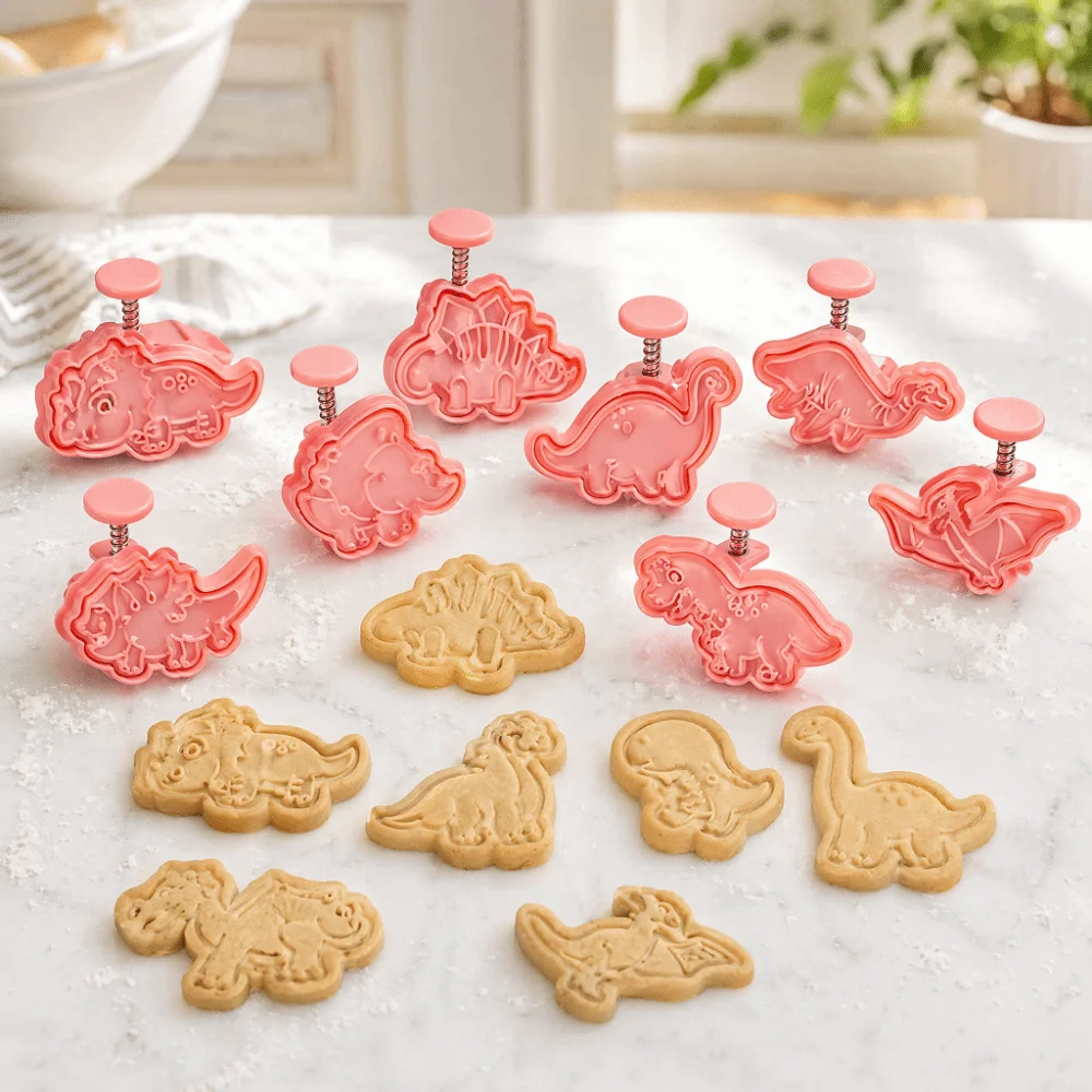 8PCS PP Dinosaur Cookie Cutter 3D Embossed Details Plunger Press Design Cookie Cutter Set Easy to Use Reusable and Durable