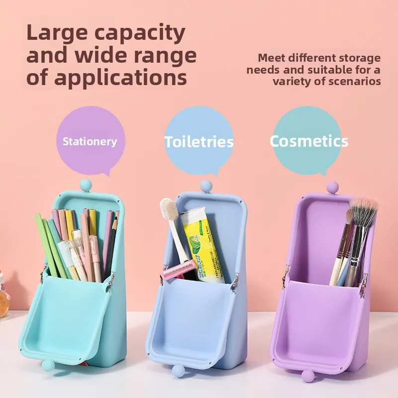 Multifunctional Standing Silicone Pencil Case Large Capacity Macaron Color for Student Stationery Cosmetic Toiletry Storage Bag