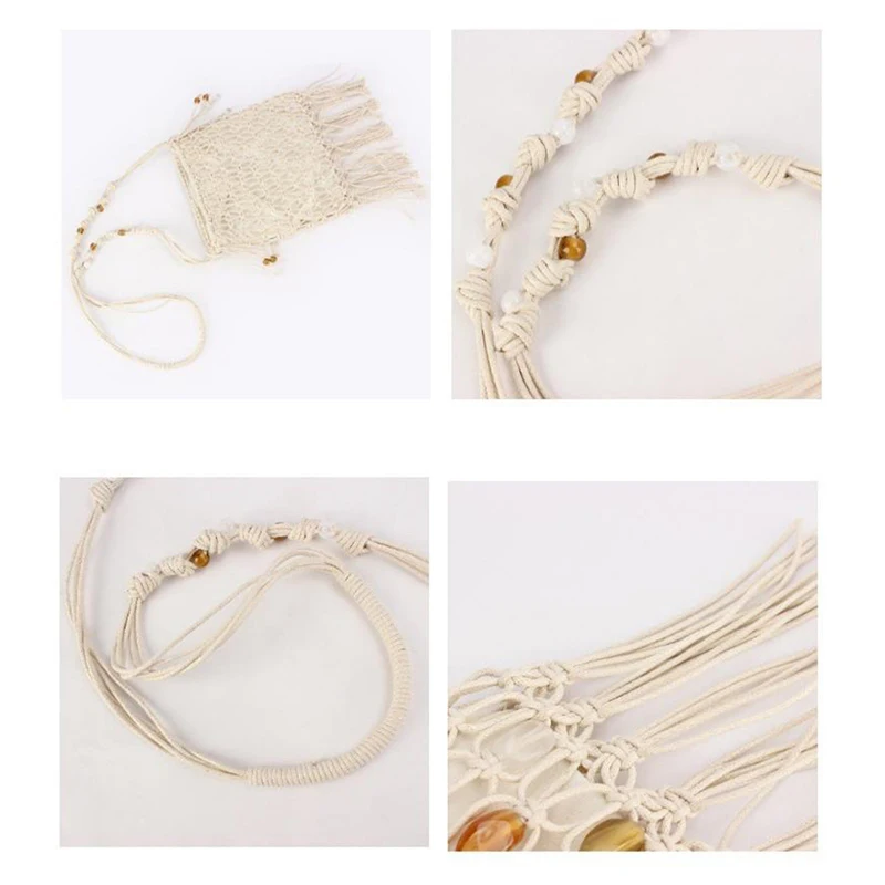 Bunte Ethnische Boho-Tasche mit Perlen und Gewachstem Seil, Gewebte Crossbody-Schultertasche, Ausgehöhlte Lässige Strand-Urlaubshandtasche, Leichte Handtasche – Detail 8
