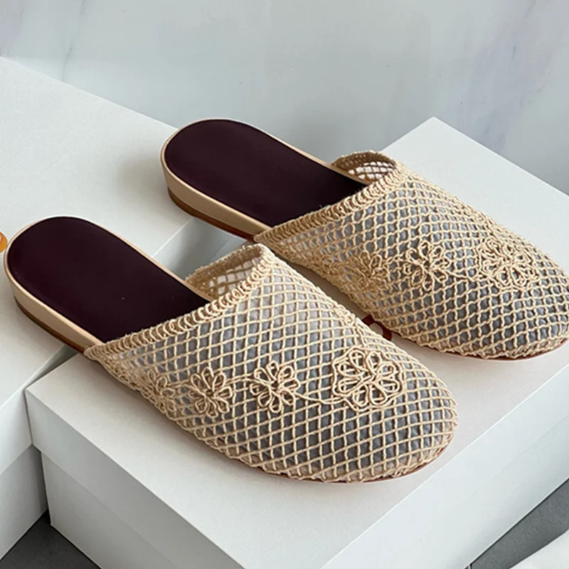 

Jenny&Dave French Retro Mesh Jacquard Slippers For Women Minimalist Breathable Soft Flat Shoes Roman Mesh Mules Shoes Women