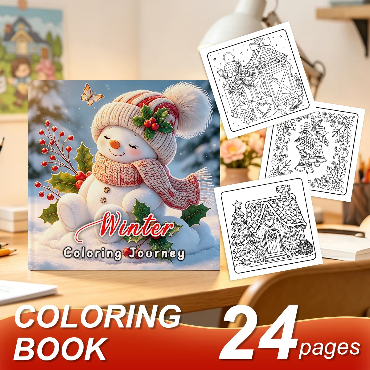 Winter Coloring Book for Adults Teens, Cute Snowman Holly Berry Winter Patterns, Stress‑Relaxing Mindfulness Art Activity Book