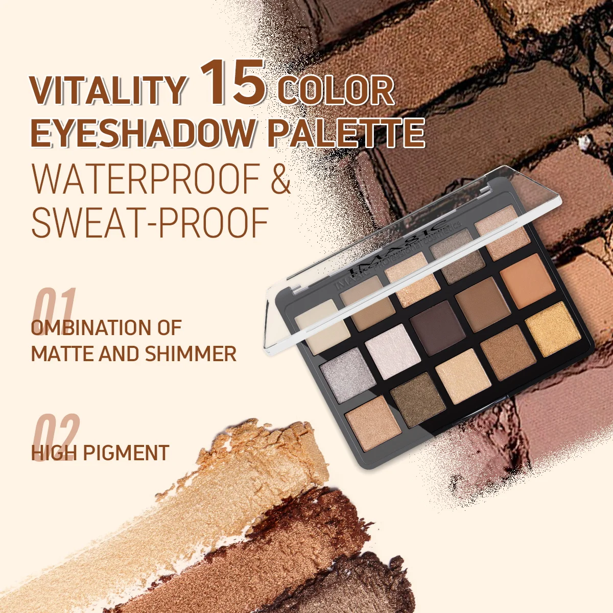 IMAGIC Vitality 15 Color Eyeshadow Palette Makeup Matte+Shimmer Pigmented Eye Shadow Powder EY-361