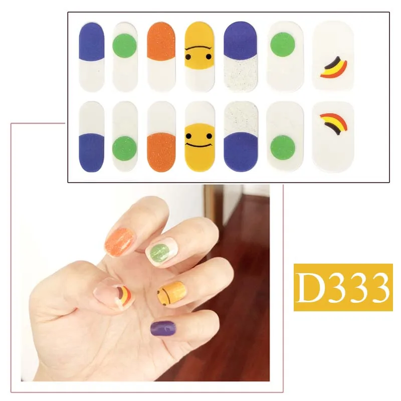 14tips Nail Stickers Designs cute smiley face DIY Polish Wraps Blue yellow Green Full Cover Art Sticker Tips D333