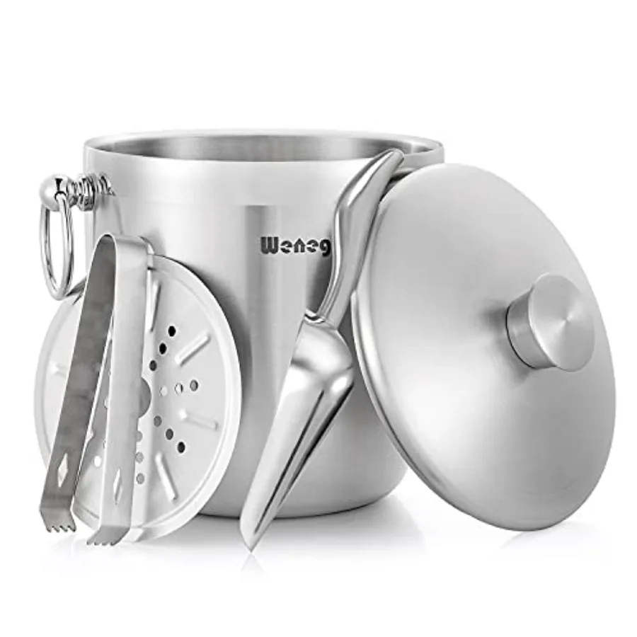 

Ice Bucket with Lid, Scoop, Tongs and Strainer - Well Made Insulated Keep Ice Frozen Longer - Ideal for Cocktail Bar, Parties,