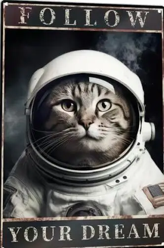 MOON CAT ASTRONAUT METAL TIN SIGN FOLLOW  YOUR DREAM MOTIVATIONAL SIGN sign