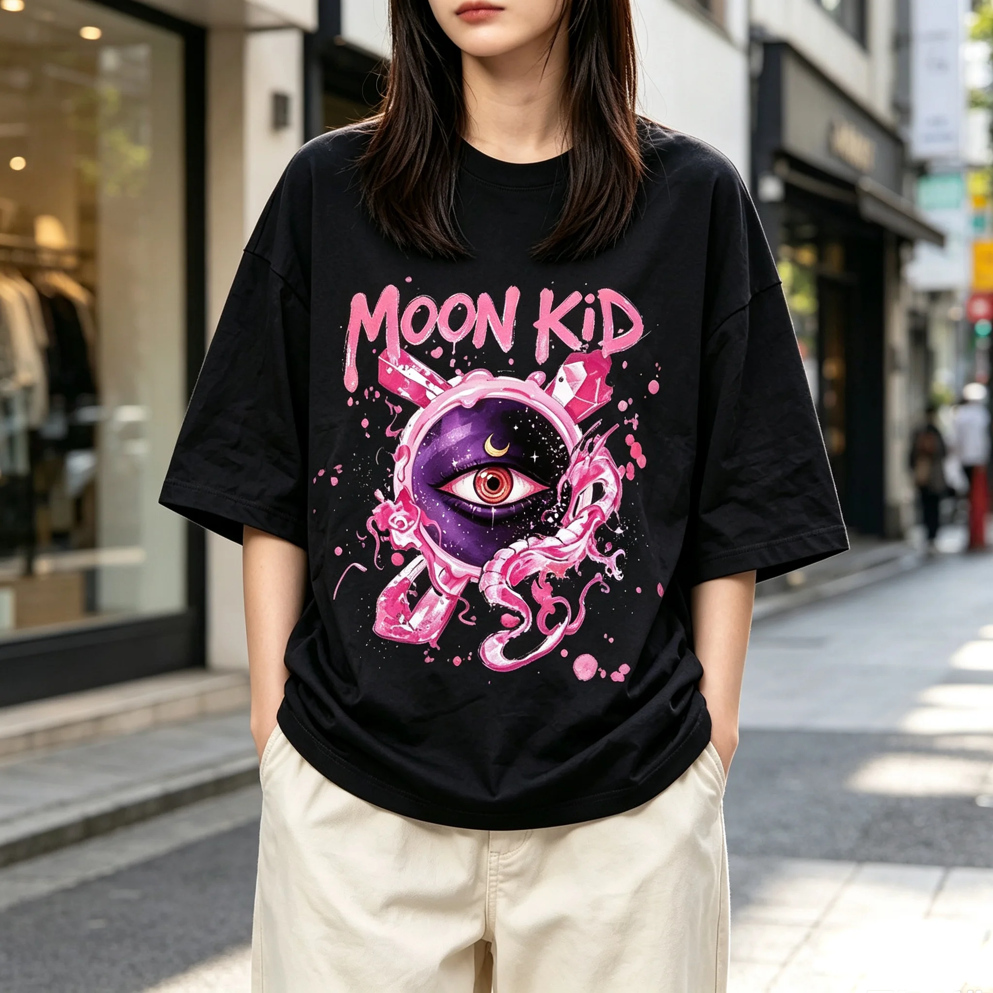 Women's Moon Kid Mystic Eye Crystal Octopus Ink Splash Graphic T Shirt Dark Fantasy Art Short Sleeve Casual Tee