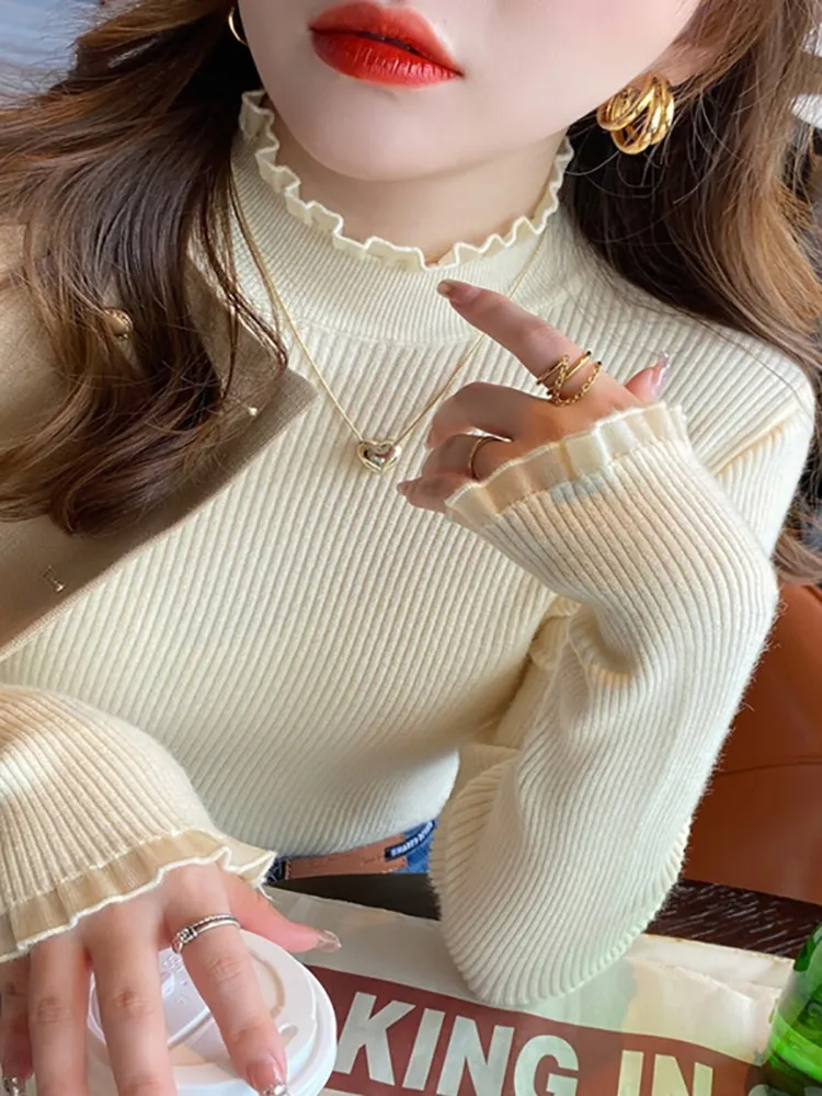 Ruched Lace Solid Basic Knitted Tops Women Turtlneck Sweater Long Sleeve Casual Slim Pullover Korean Fashion Simple Chic Clothes