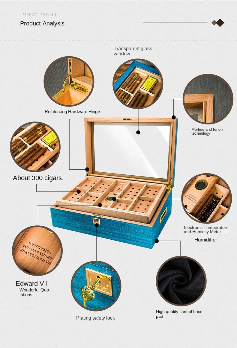 Caja de cigarros azul lago partición multicapa perspectiva de gran capacidad caja hidratante de cigarros de madera de cedro