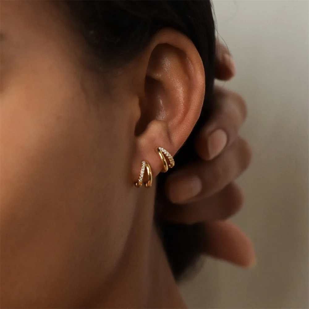 Dainty Tiny Layered Gold Plated Copper Metal Paved CZ Huggie Hoop Earrings for Women Girls Luxury Elegant Catilage Hoops Jewelry image 4