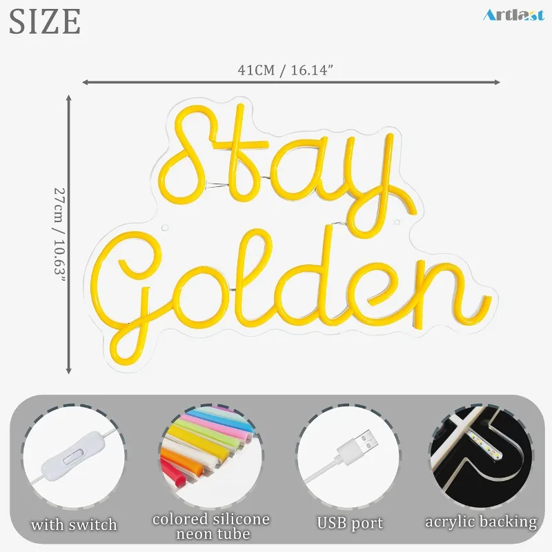 Stay Golden letrero de neón con cita de luz amarilla, LED para salón de belleza, Spa, Club, dormitorio moderno, fiesta, hogar, Bar, Decoración, regalo, madre, 5V, USB