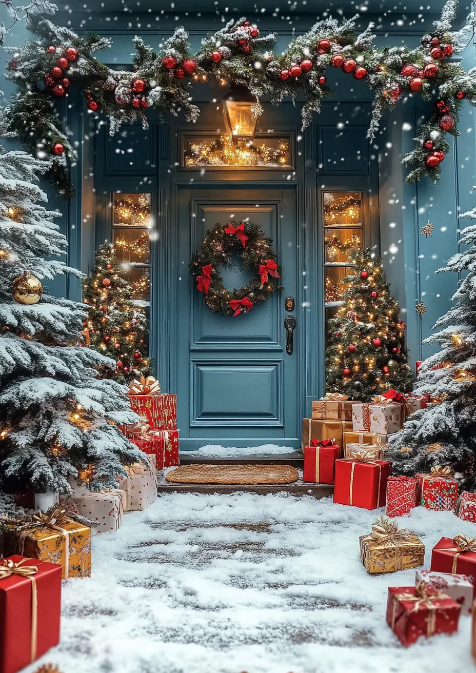 Mocsicka Christmas Tree Door Background For Photography Snowflake Lamp Gifts Decorations Shooting Props Kids Baby Photo Backdrop