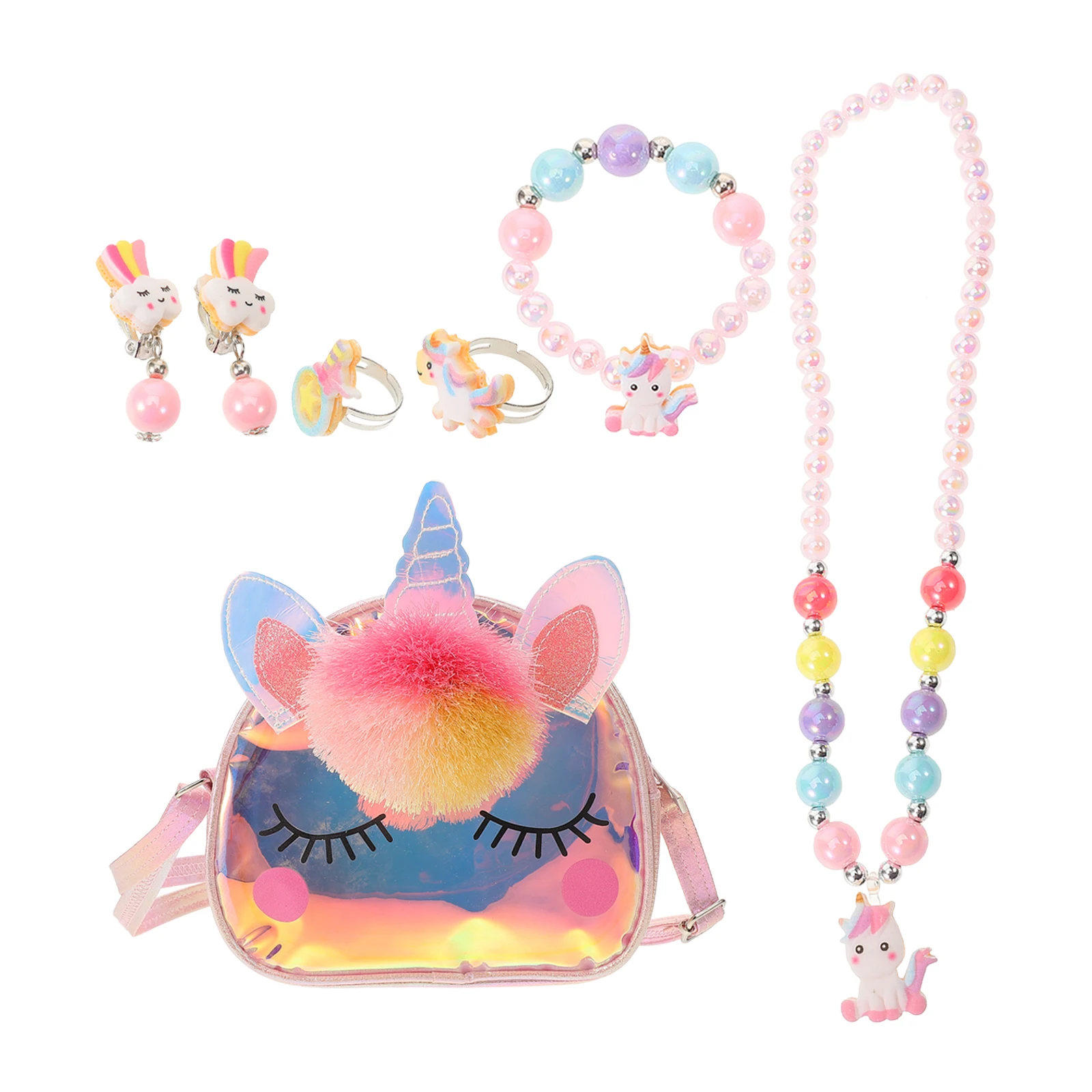 1 مجموعة أطفال طقم مجوهرات يونيكورن حقيبة كتف الكرتون الخرزة قلادة سوار حلقة القرط الفتيات طفل موضة متعة هدية