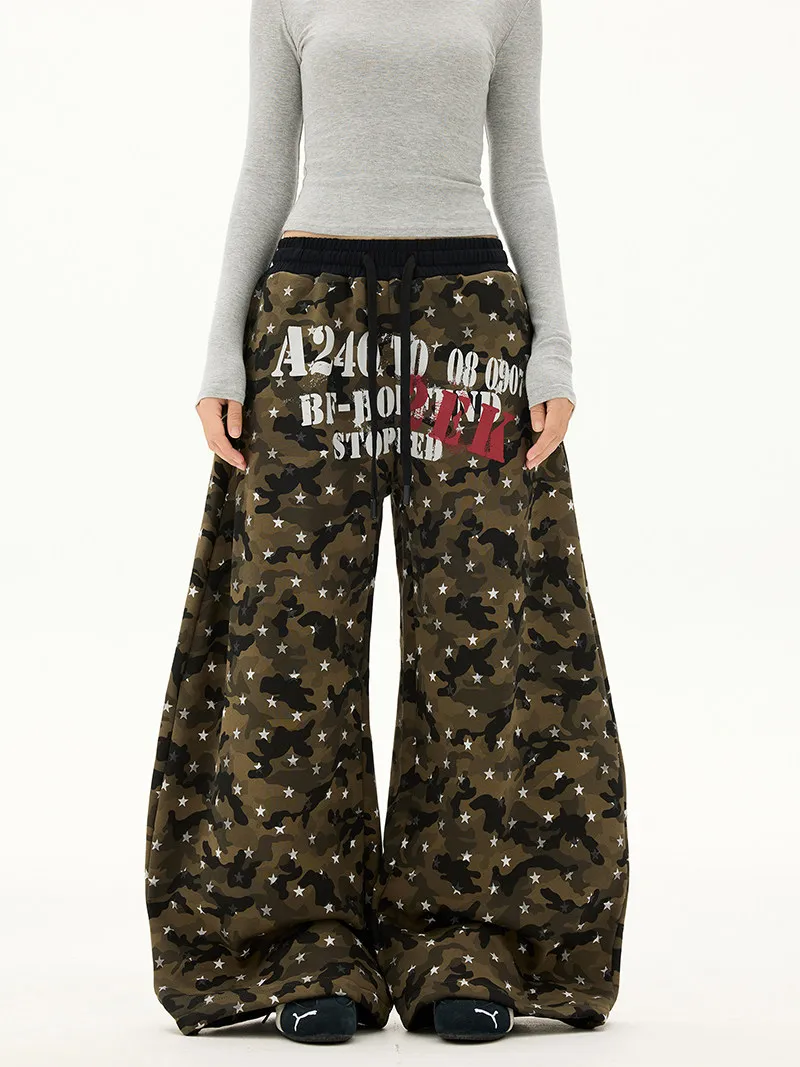 Women's Retro Camouflage Star Print Pants Cool Girl Hip-hop Wide Leg Sweatpants Casual Bottoms Female High Waisted Trousers