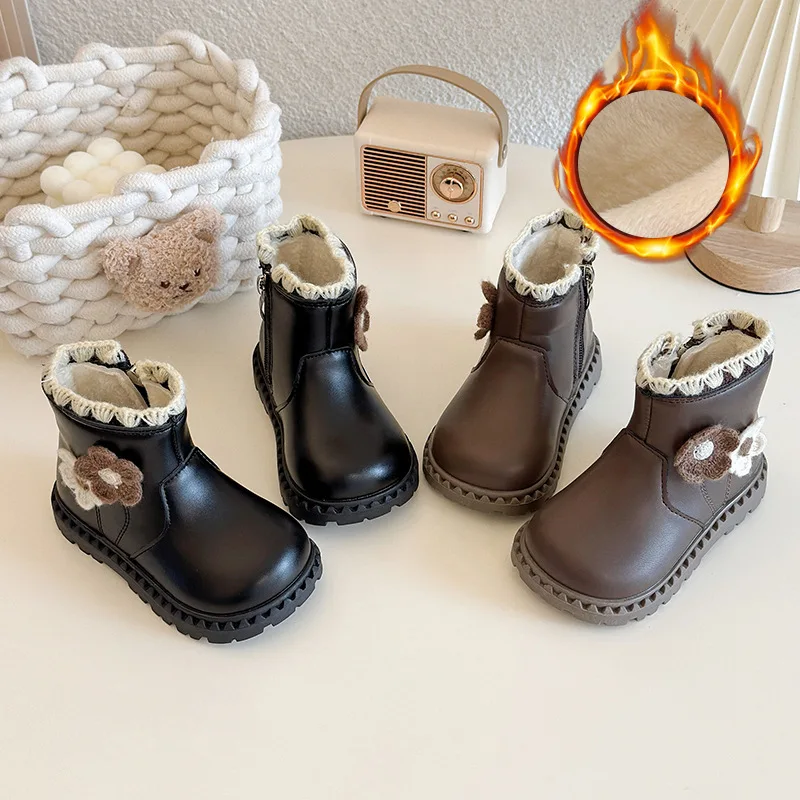 

2026 Fleece-lined short boots for girls Cute cotton ankle boots for children in winter Girls warm shoes and slip-resistant boots