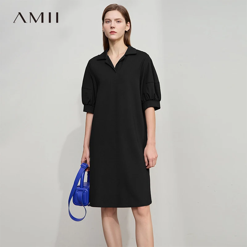 

Amii Minimalism Women 2025 Summer Casual Dress New Solid Color Loose Lantern Sleeve V Neck Knit Stretch Comfort Dressse 12542165