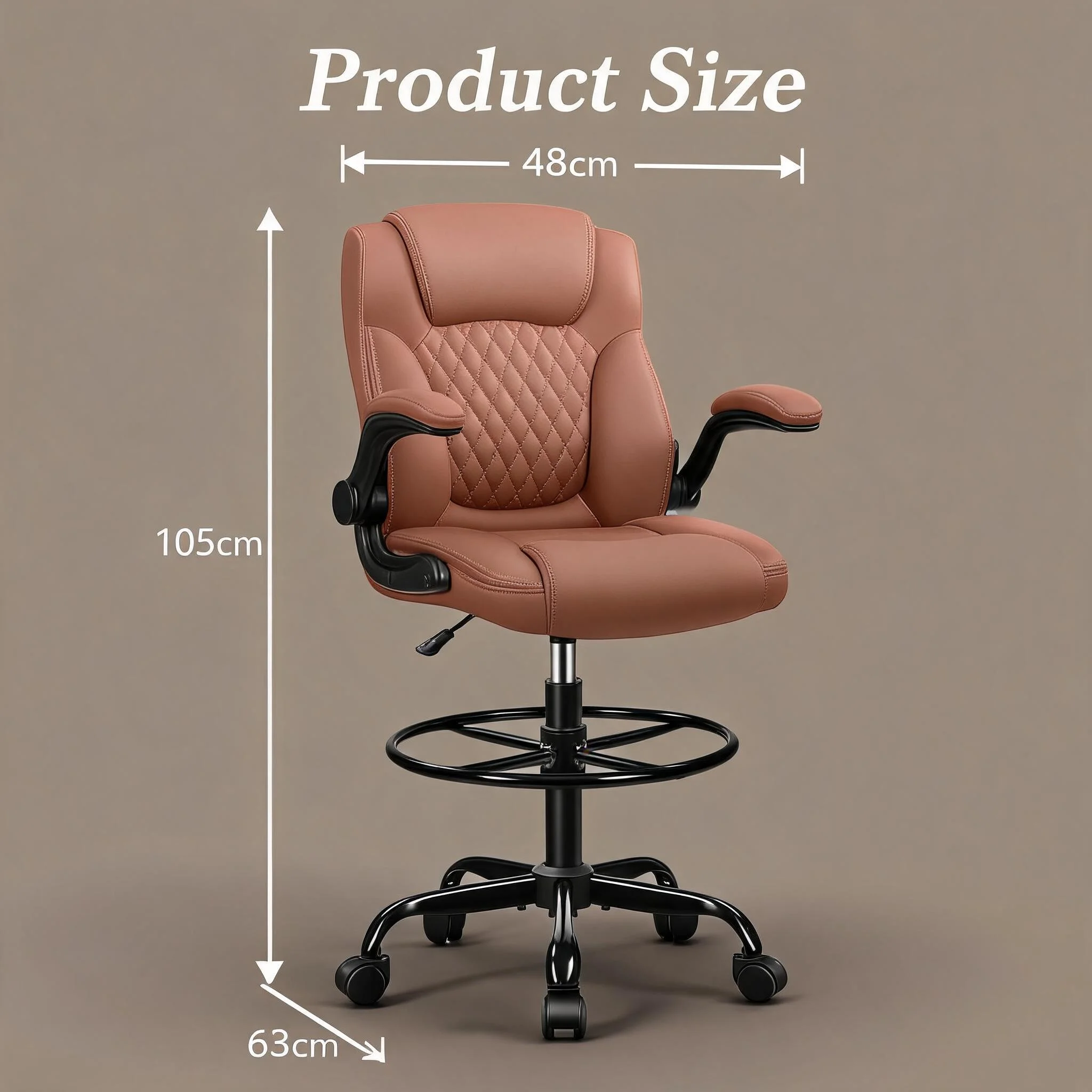 Ergonomic Office Chair with Flip-Up Armrest, Adjustable Height PU Leather Desk Chair, 360° Swivel Rolling Chair for Small Spaces, Home Study, Living Room, Brown Color with Modern Design