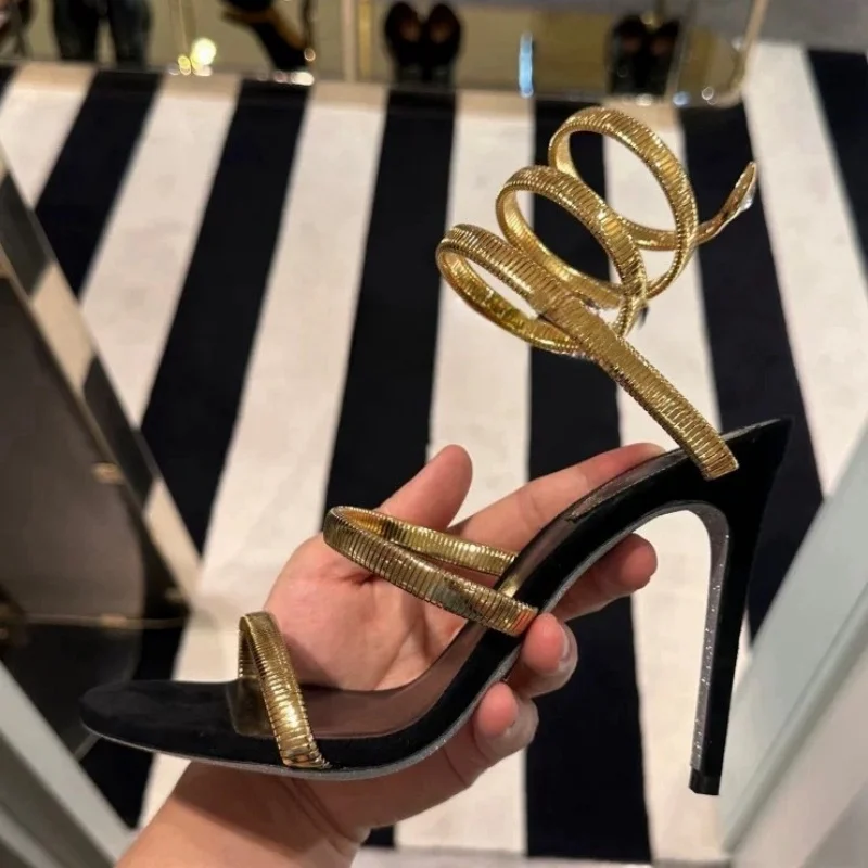 

Luxury Thin High Heels Ankle Strap Women Sandals Gold Silver Sexy Narrow Band Open Toe Stripper Prom Female Shoes