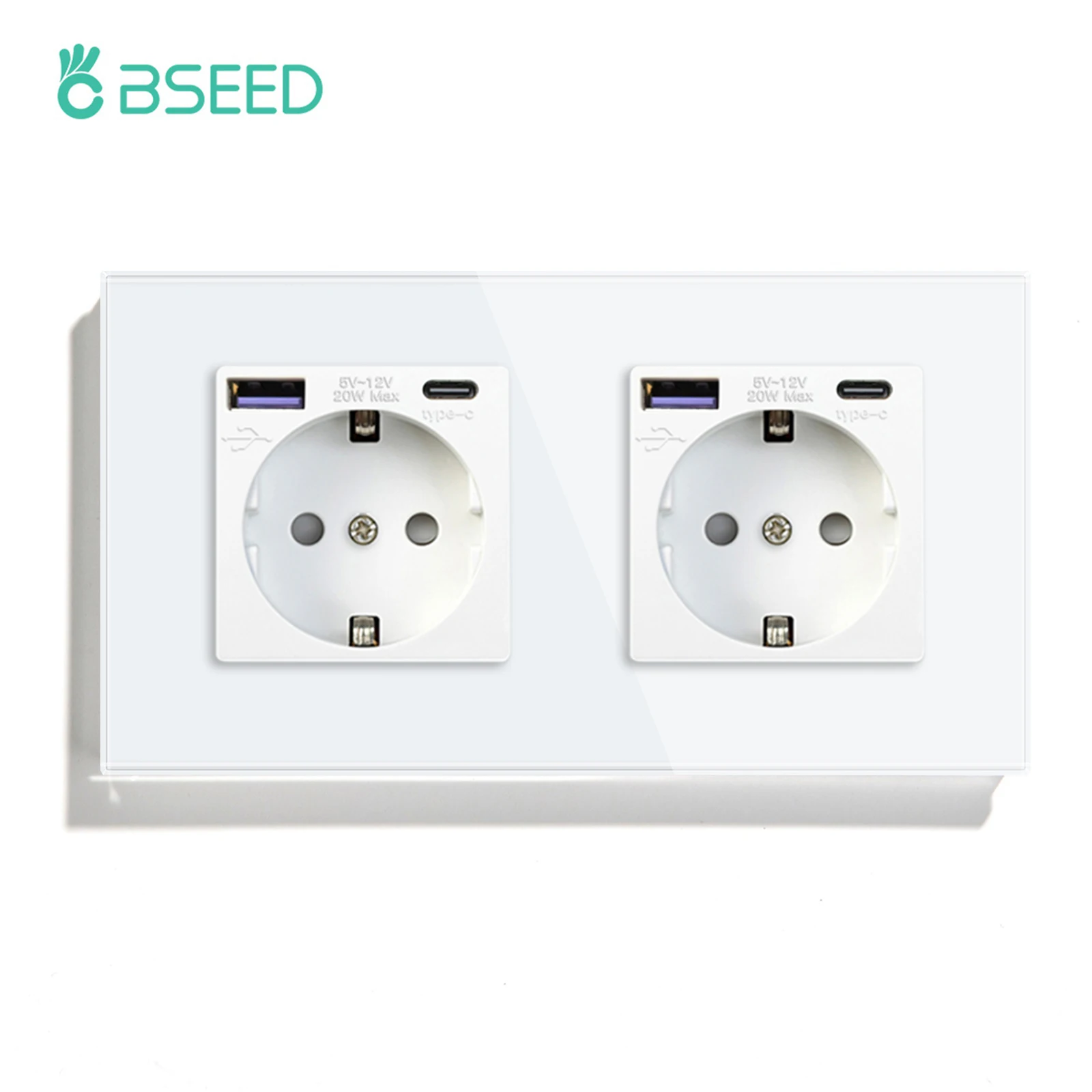BSEED EU-Standard 20W PD Schnellladewandsteckdose Typ-C Schnittstelle USB-Steckdosen Doppel-Steckdosen Wandmontiert Weiß