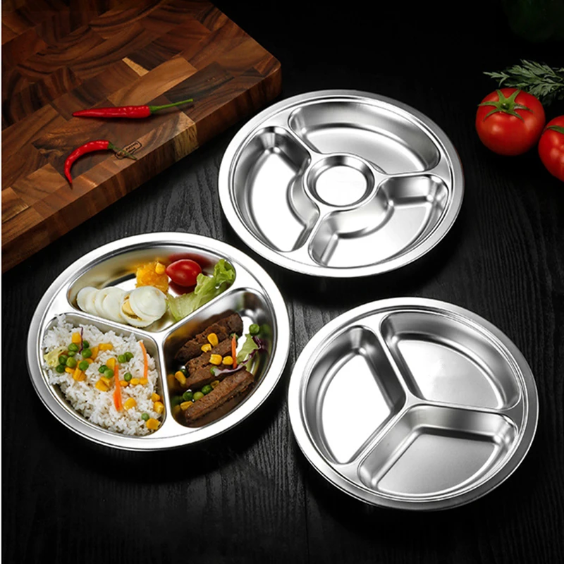 Stainless Steel Round Divided Dinner Plates for Food Home Tableware Canteen Lunch Container Snack Dishes Tray 3/4/5/6 Section