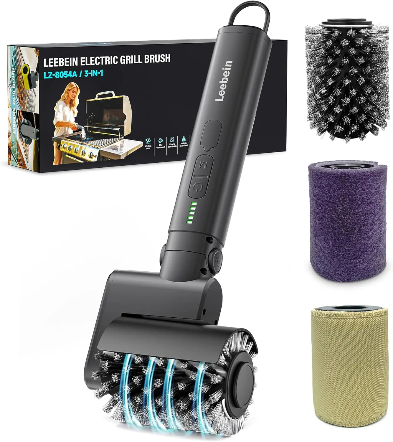 

Усовершенствованная беспроводная электрическая щетка для гриля с 3 насадками, 3-скоростная регулировка, для чистки барбекю на открытом воздухе, время работы 150 минут