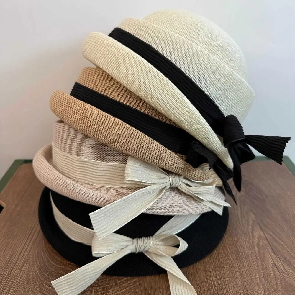 

Elegant Bowknot Bow Topper Hat Weave Thin Hepburn Style Formal Hat Pure Color Sunscreen Fisherman Hat Outdoor