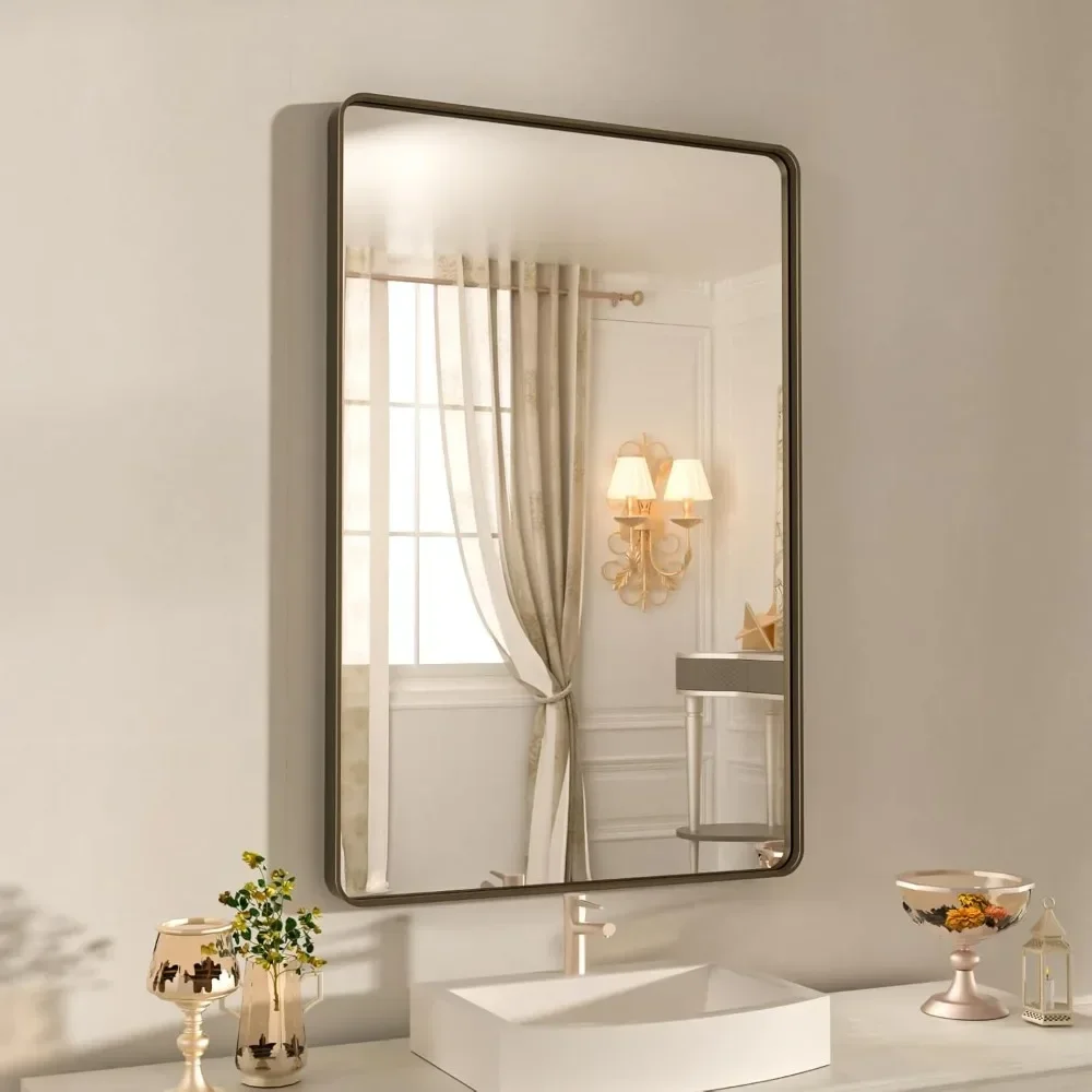 Gold Bathroom Mirror, 50X30 Inch Brushed Gold Metal Frame Mirror,Rounded Rectangle Gold Bathroom Vanity Mirror for Wall,Tempered