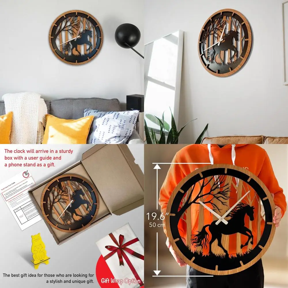 

Large Wooden Horse Wall Clock, Modern Farmhouse Style, Oak Veneer, Living Room Decor with Forest Horse Theme
