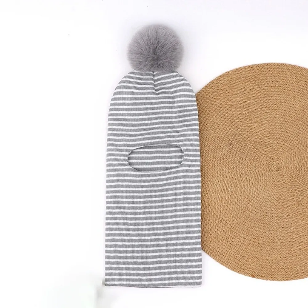 Striped Pattern Balaclava Hat One-Piece Construction Pom Pom Design Knitted Beanie Warm Fleece Lining Neck Protection