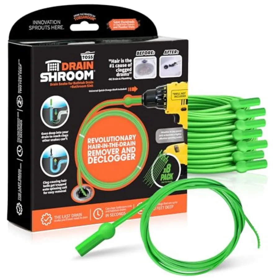 

Toss-Disposable Hair Clog Remover, 24 inch Reach, 8 Pack, for Bathroom Drain Snake, Green