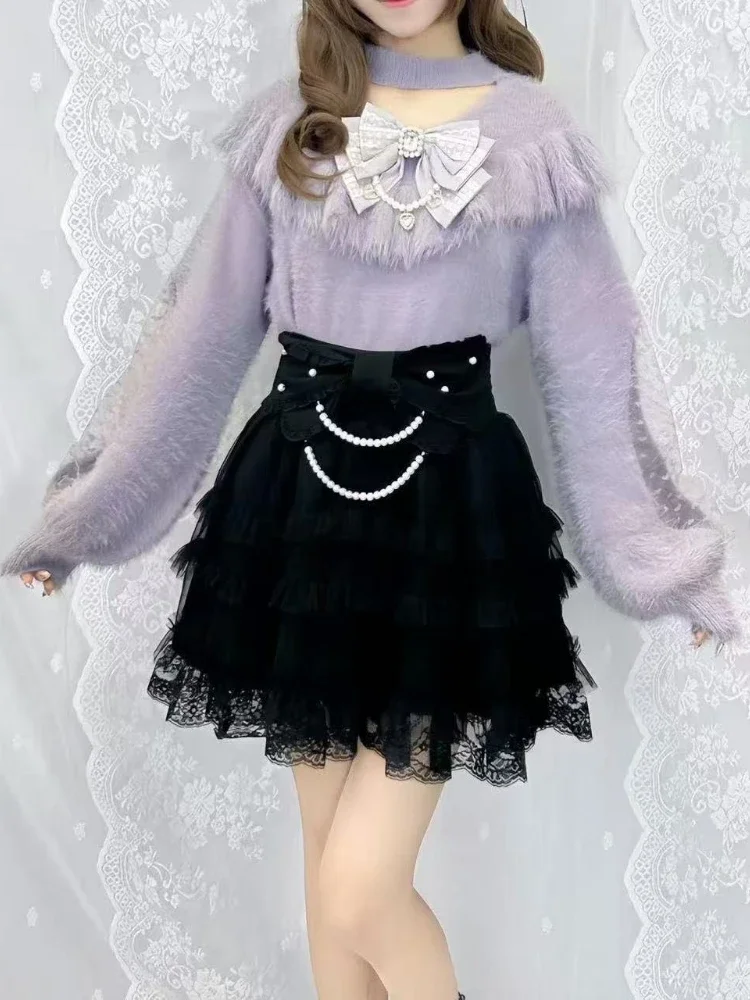 2025 Autumn Women Halter Hollow Out Sweater Sweet Bow Grunge Y2k Aesthetic Pullovers Harajuku Vintage Lace Patchwork Streetwear