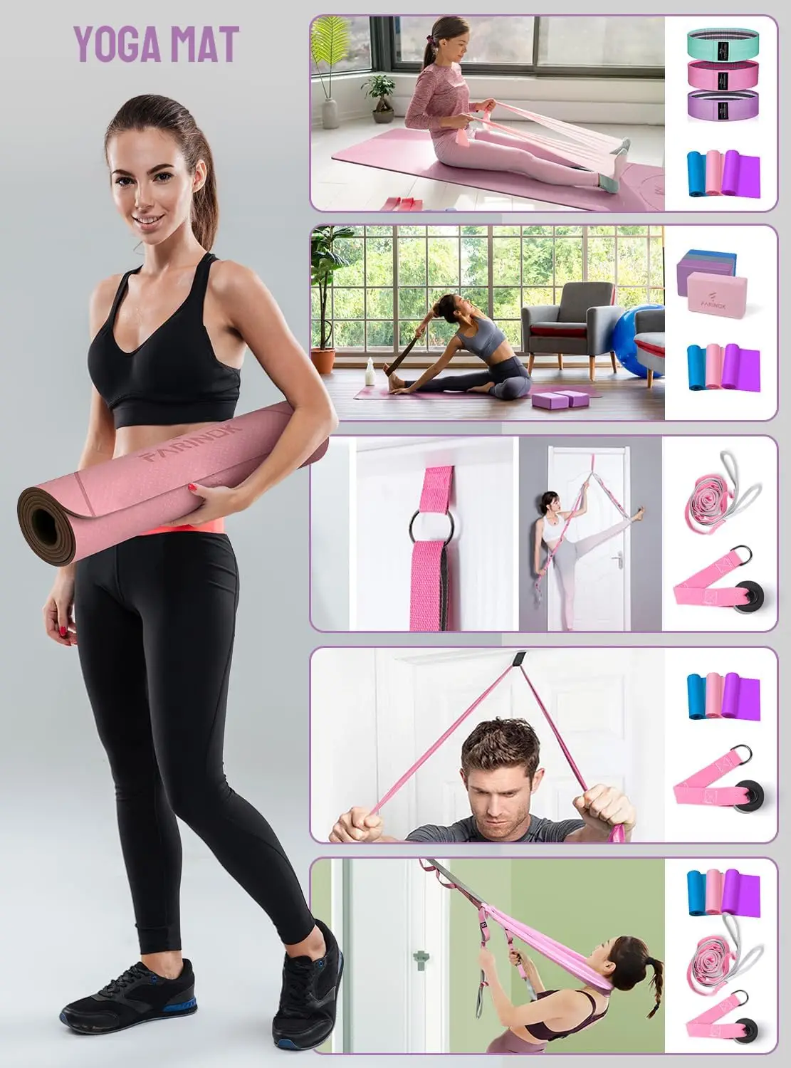 Yoga for Beginners - High-Density Rubber Yoga Mats, Basic Colors, Thick and with Accessories