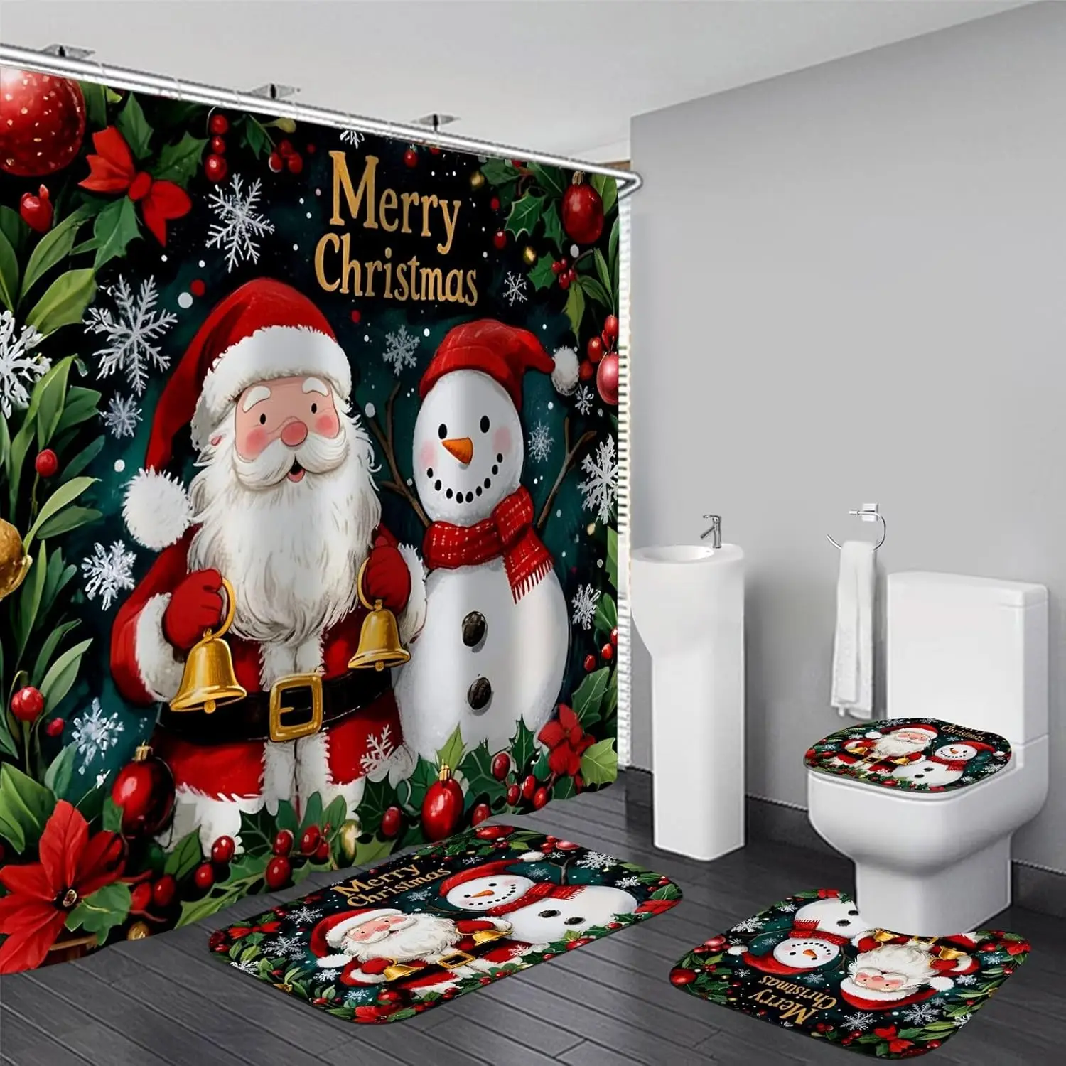 

Набор занавесок для душа с Рождеством и ковриками для ванной комнаты, рождественская занавеска с 12 крючками, нескользящие коврики, крышка крышки унитаза,