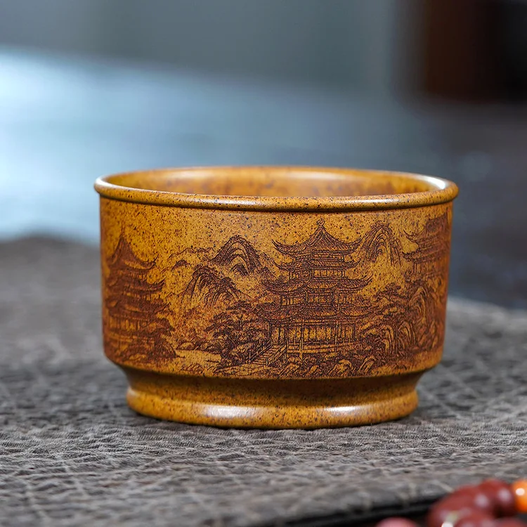 Yixing Raw Purple Clay Cup, Dragon Chant Gold Sand Clay, Fully Carved Mountain Scenery, Master & Guest Kung Fu Tea Cup