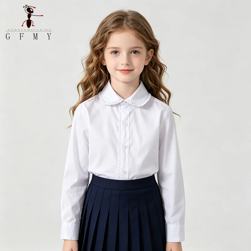 

Premium Girls White Long Sleeve Blouse Cotton Ruffle Collar School Uniform Shirt for Kids 4-12Y Cute for Weddings Performances