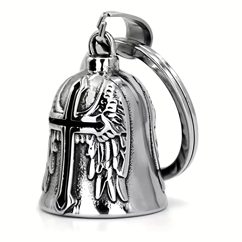 3D Design Motorcycle Guardian Bell Necklace Retro Punk Style Cross Pendant Bell Keychain Wing Design Alloy Biker Good Luck Charm